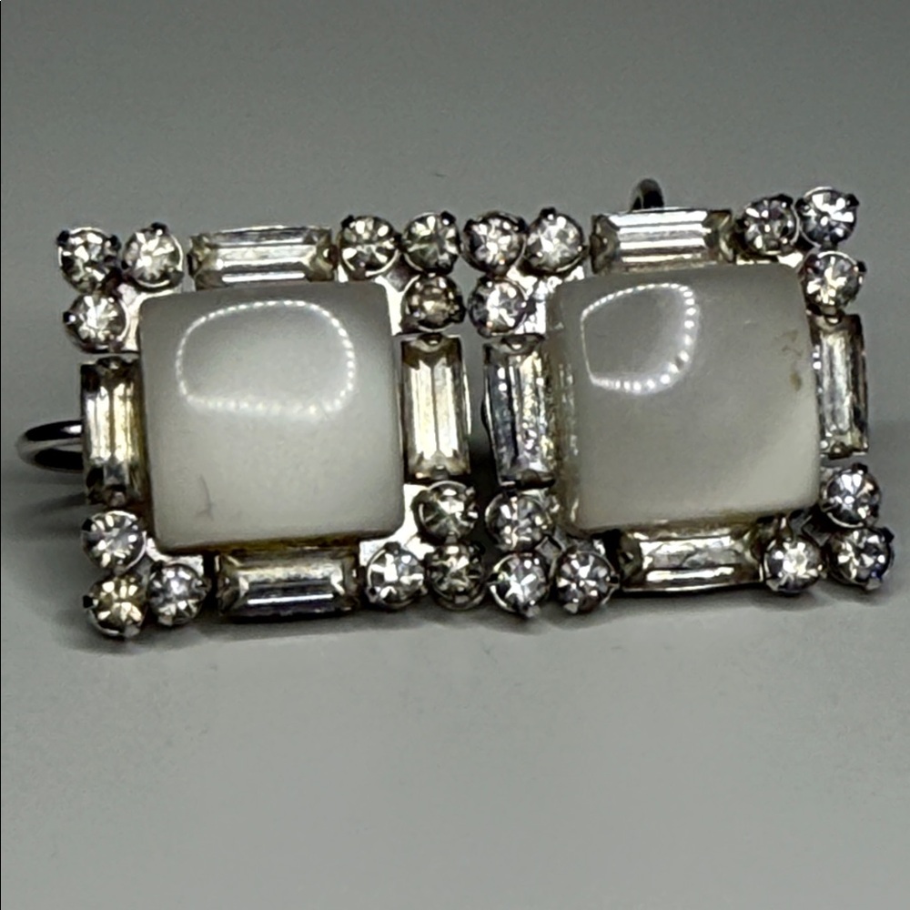 Coro signed vintage Silver tone and White moonglow Square clip Earrings
